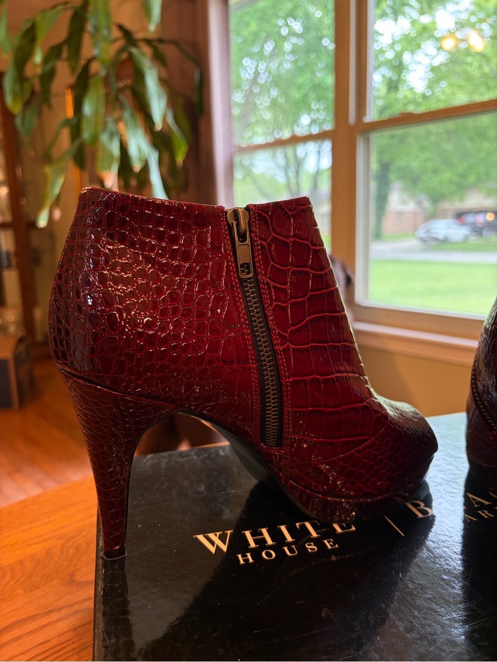 White House Black Market Burgundy Croc-Embossed Peep-Toe Booties - Picture 5 of 7